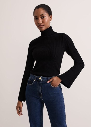 Phase Eight Fran Fluted Sleeve Ribbed Roll Neck Knitwear Black USA | 5648029-NA